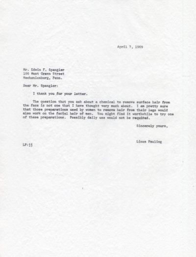 Letter from Linus Pauling to Edwin F. Spangler. Page 1. April 7, 1969