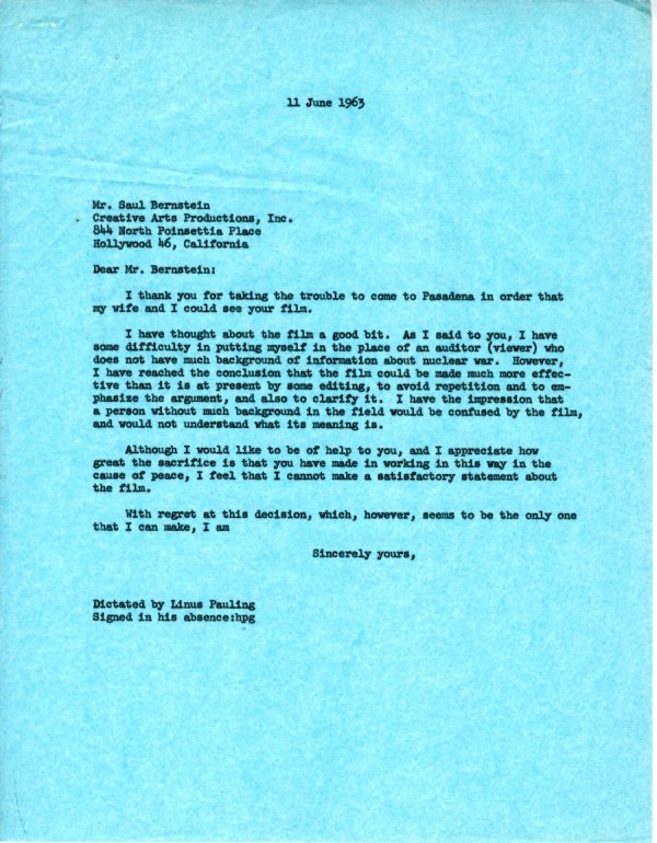 Letter from Linus Pauling to Saul Bernstein. Page 1. June 11, 1963