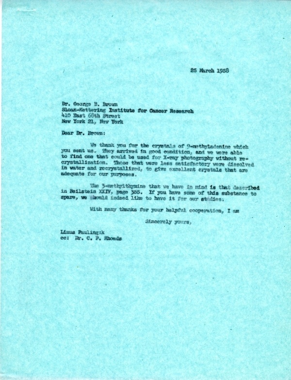 Letter from Linus Pauling to George B. Brown. Page 1. March 25, 1958