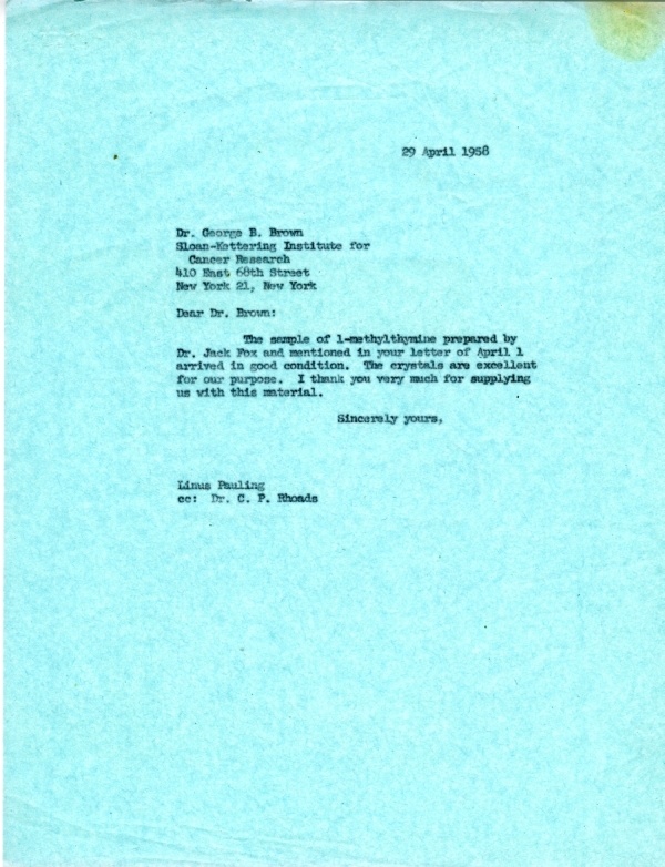Letter from Linus Pauling to George B. Brown. Page 1. April 29, 1958