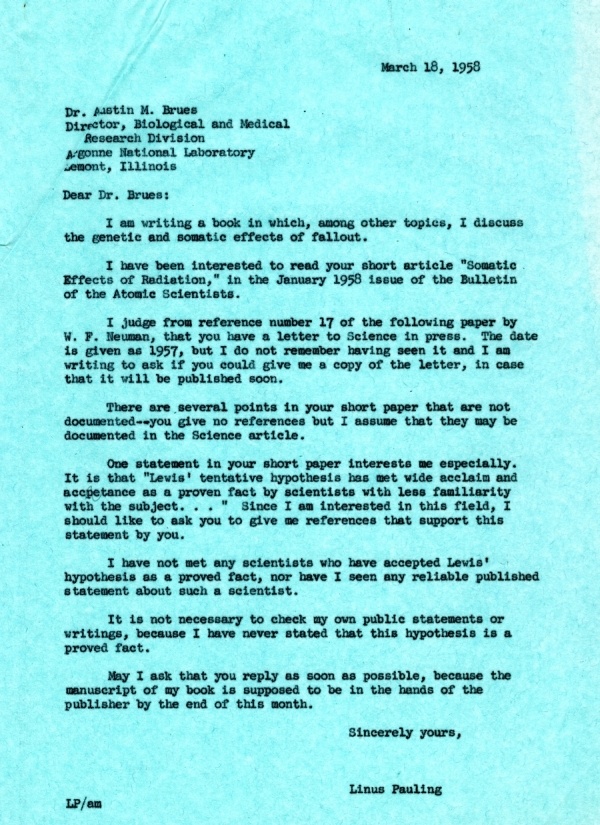 Letter from Linus Pauling to Austin M. Brues. Page 1. March 18, 1958