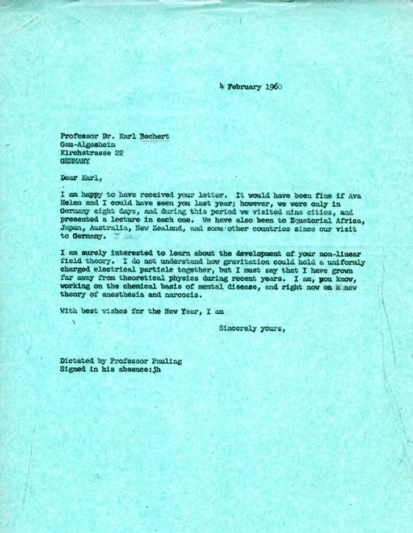 Letter from Linus Pauling to Karl Bechert. Page 1. February 4, 1960