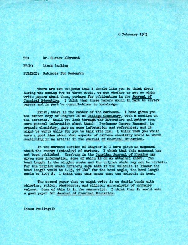 Letter from Linus Pauling to Gustav Albrecht. Page 1. February 8, 1963