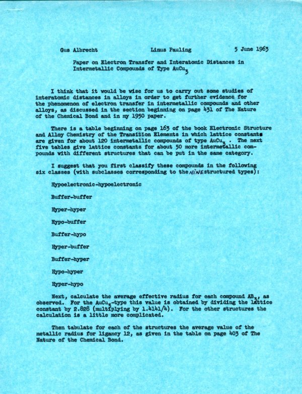 Memo from Linus Pauling to Gustav Albrecht. Page 1. June 5, 1963
