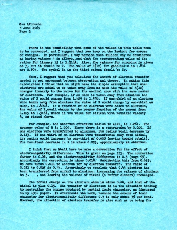 Memo from Linus Pauling to Gustav Albrecht. Page 2. June 5, 1963
