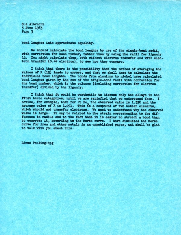 Memo from Linus Pauling to Gustav Albrecht. Page 3. June 5, 1963