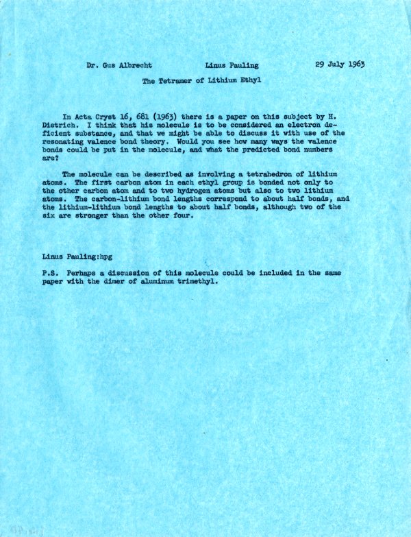 Memo from Linus Pauling to Gustav Albrecht. Page 1. July 29, 1963