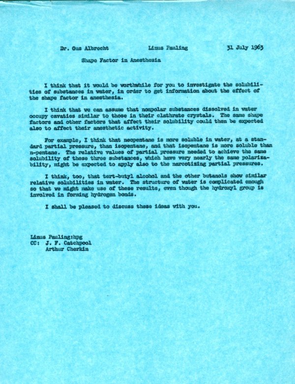 Memo from Linus Pauling to Gustav Albrecht. Page 1. July 31, 1963