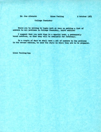 Memo from Linus Pauling to Gustav Albrecht. Page 1. October 2, 1963