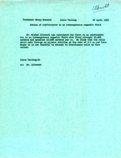 Memo from Linus Pauling to Henry Borsook. Page 1. April 16, 1963