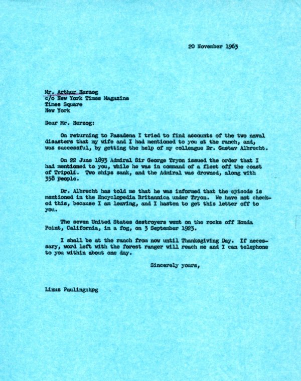 Memo from Linus Pauling to Arthur Herzog. Page 1. November 20, 1963