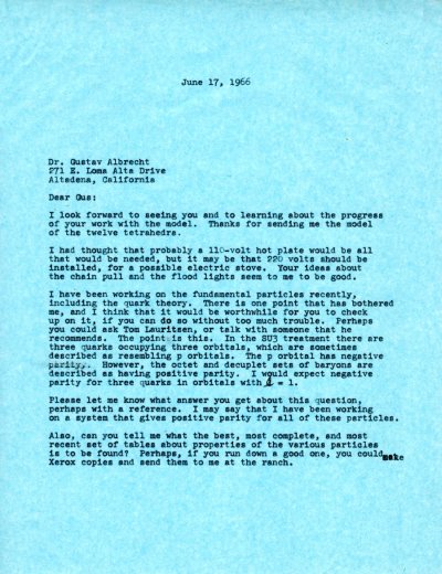 Letter from Linus Pauling to Gustav Albrecht. Page 1. June 17, 1966