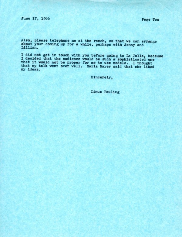 Letter from Linus Pauling to Gustav Albrecht. Page 2. June 17, 1966