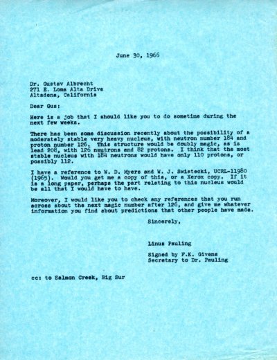 Linus Pauling to Gustav Albrecht Page 1. June 30, 1966