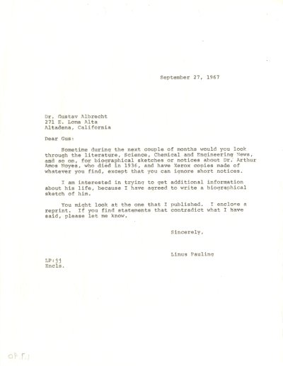 Letter from Linus Pauling to Gustav Albrecht. Page 1. September 27, 1967