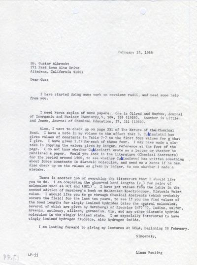Letter from Linus Pauling to Gustav Albrecht. Page 1. February 16, 1968