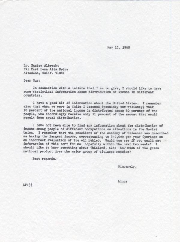 Letter from Linus Pauling to Gustav Albrecht. Page 1. May 12, 1969