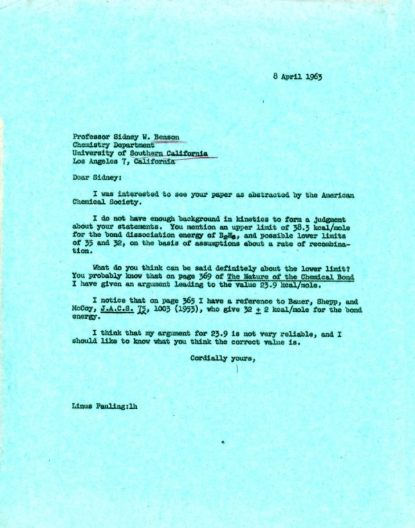 Letter from Linus Pauling to Sidney Benson. Page 1. April 8, 1963