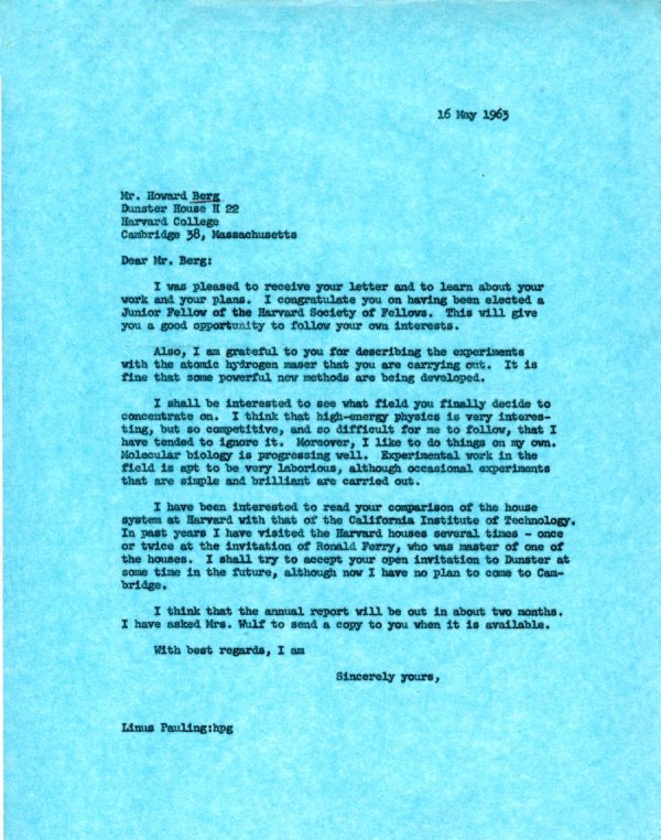 Letter from Linus Pauling to Howard Berg. Page 1. May 16, 1963