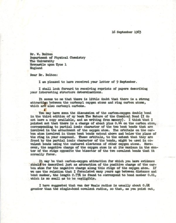Letter from Linus Pauling to W. Bolton. Page 1. September 16, 1965