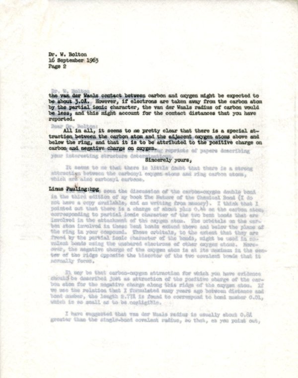 Letter from Linus Pauling to W. Bolton. Page 2. September 16, 1965