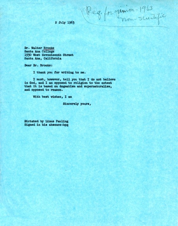 Linus Pauling to Walter Brooks. Page 1. July 2, 1963