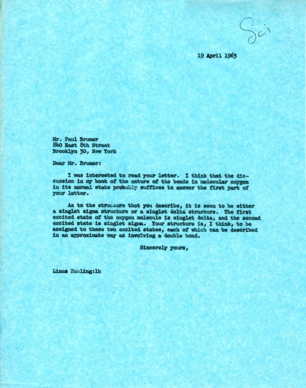 Letter from Linus Pauling to Paul Brumer. Page 1. April 19, 1963