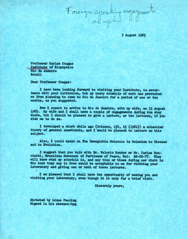 Letter from Linus Pauling to Carlos Chagas. Page 1. August 5, 1963