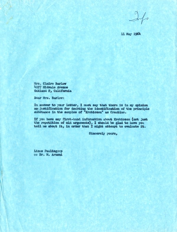 Letter from Linus Pauling to Claire Barlow. Page 1. May 11, 1964