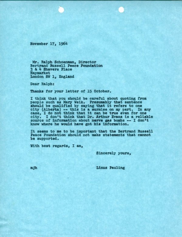 Letter from Linus Pauling to Ralph Schoenman. Page 1. November 17, 1964