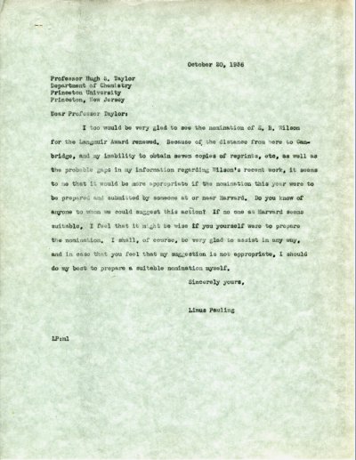 Letter from Linus Pauling to Hugh S. Taylor. Page 1. October 20, 1936