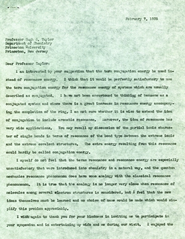 Letter from Linus Pauling to Hugh S. Taylor. Page 1. February 7, 1938