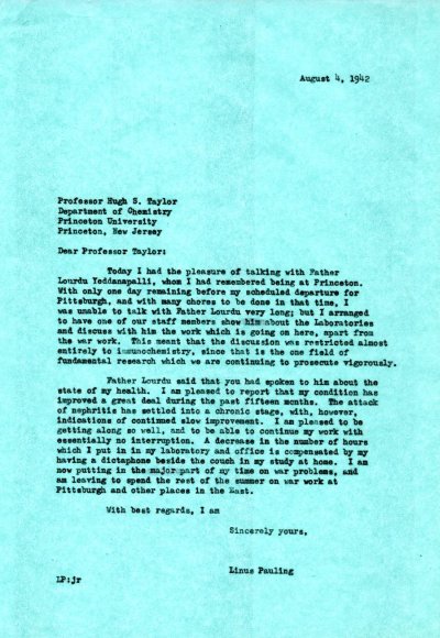 Letter from Linus Pauling to Hugh S. Taylor. Page 1. August 4, 1942