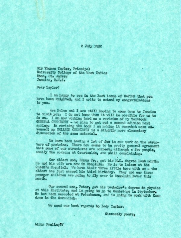 Letter from Linus Pauling to Sir Thomas Taylor. Page 1. July 2, 1952