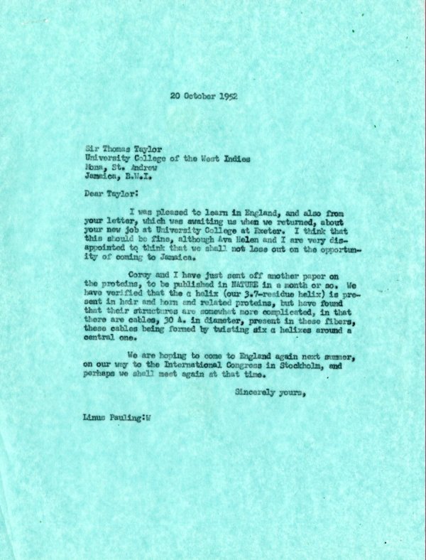 Letter from Linus Pauling to Sir Thomas Taylor. Page 1. October 20, 1952