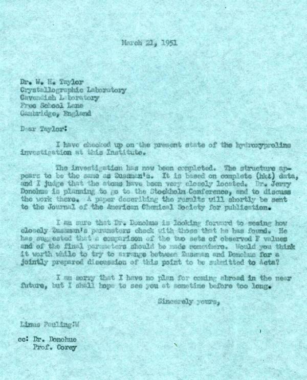 Letter from Linus Pauling to W.H. Taylor. Page 1. March 21, 1951
