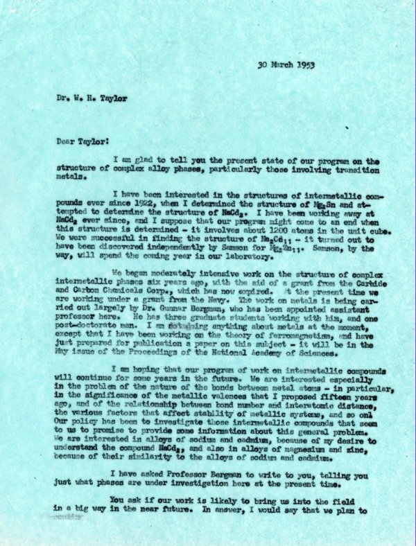 Letter from Linus Pauling to W.H. Taylor. Page 1. March 30, 1953