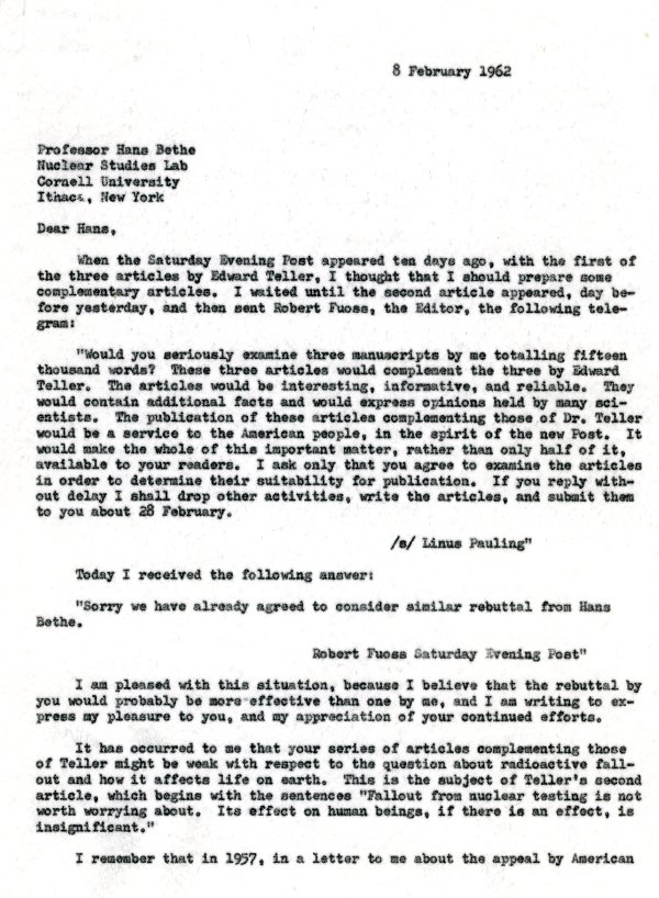 Letter from Linus Pauling to Hans Bethe. Page 1. February 8, 1962