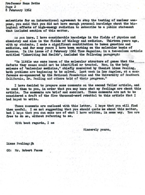 Letter from Linus Pauling to Hans Bethe. Page 2. February 8, 1962