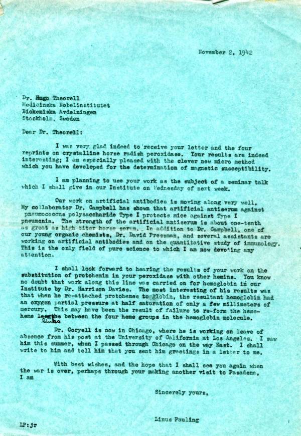 Letter from Linus Pauling to Hugo Theorell. Page 1. November 2, 1942