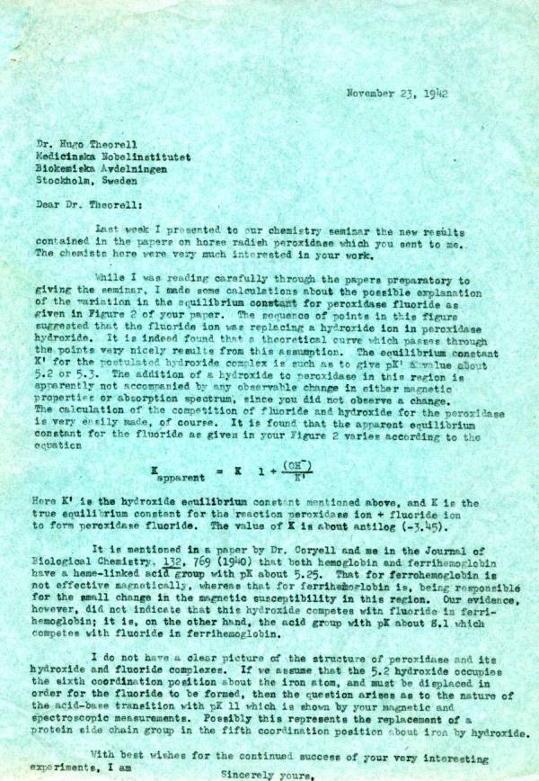 Letter from Linus Pauling to Hugo Theorell. Page 1. November 23, 1942