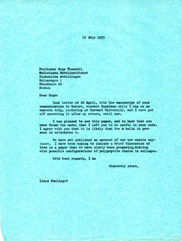 Letter from Linus Pauling to Hugo Theorell. Page 1. July 25, 1955