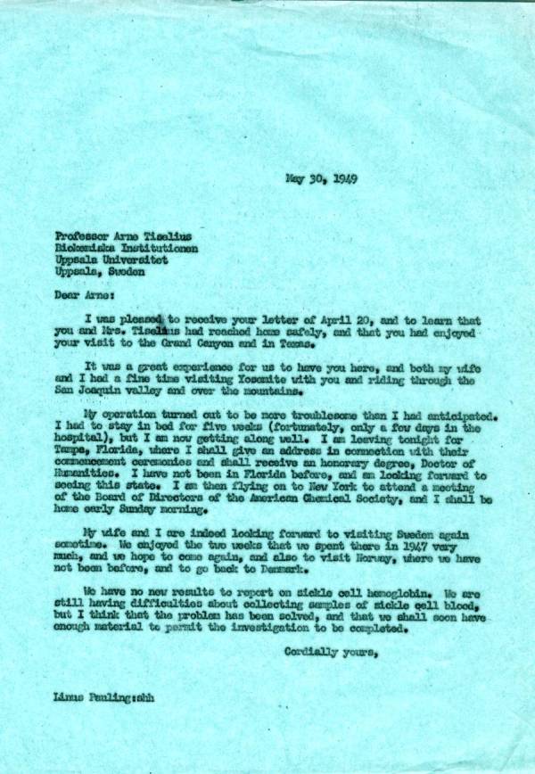 Letter from Linus Pauling to Arne Tiselius. Page 1. May 30, 1949