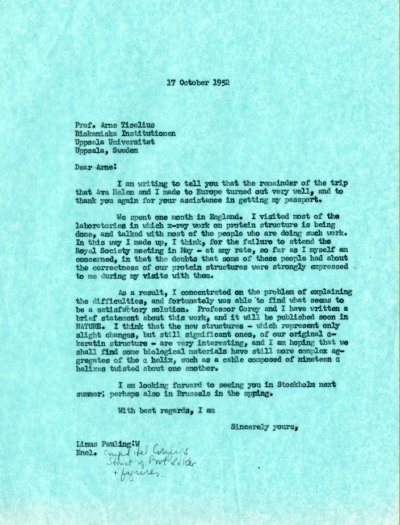 Letter from Linus Pauling to Arne Tiselius. Page 1. October 17, 1952