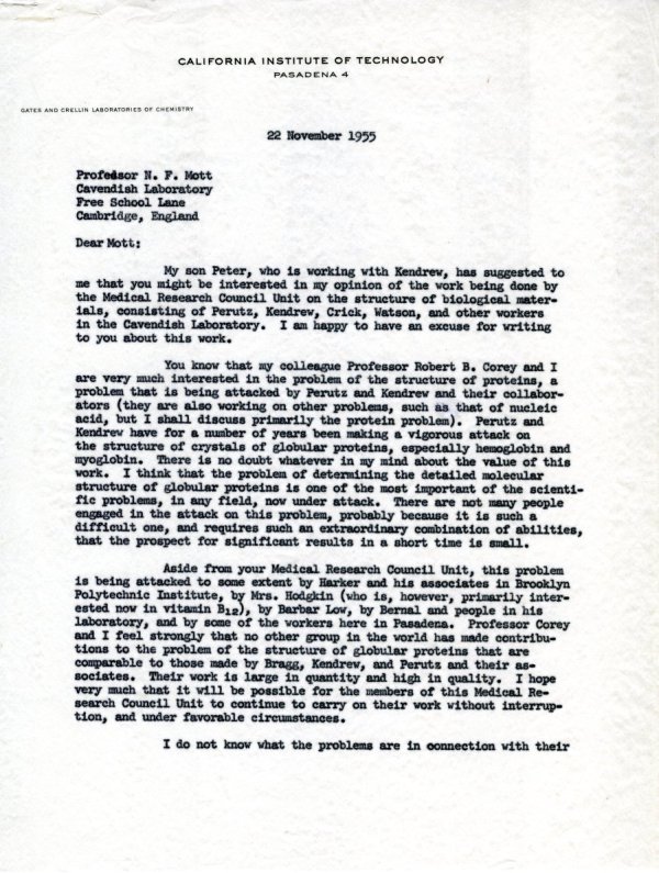 Letter from Linus Pauling to N.F. Mott Page 1. November 22, 1955