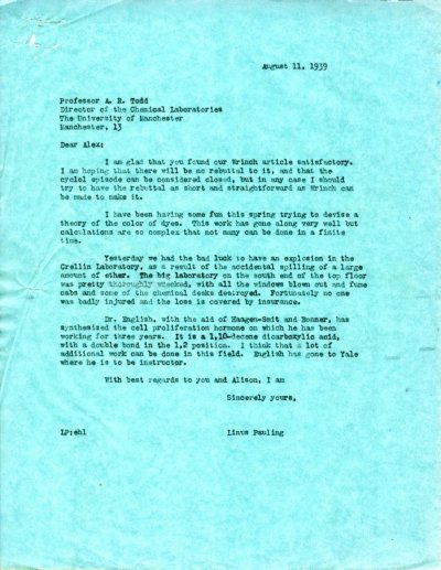 Letter from Linus Pauling to Alexander Todd. Page 1. August 11, 1939