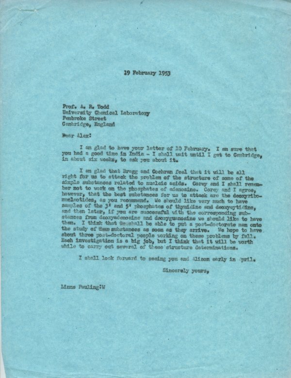 Letter from Linus Pauling to Alexander Todd. Page 1. February 19, 1953