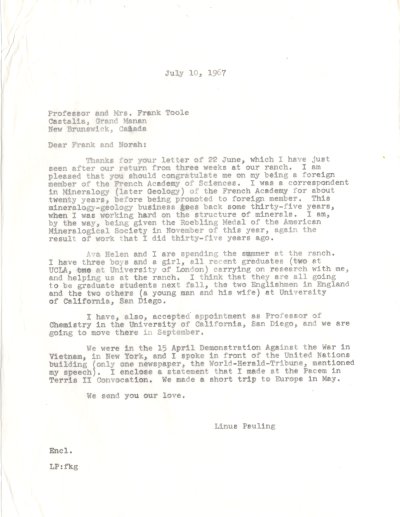 Letter from Linus Pauling to Frank and Norah Toole. Page 1. July 10, 1967