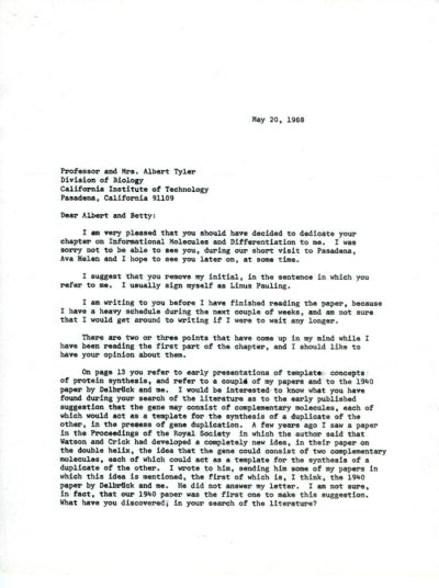 Letter from Linus Pauling to Albert and Betty Tyler. Page 1. May 20, 1968