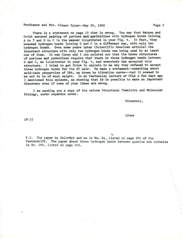 Letter from Linus Pauling to Albert and Betty Tyler. Page 2. May 20, 1968